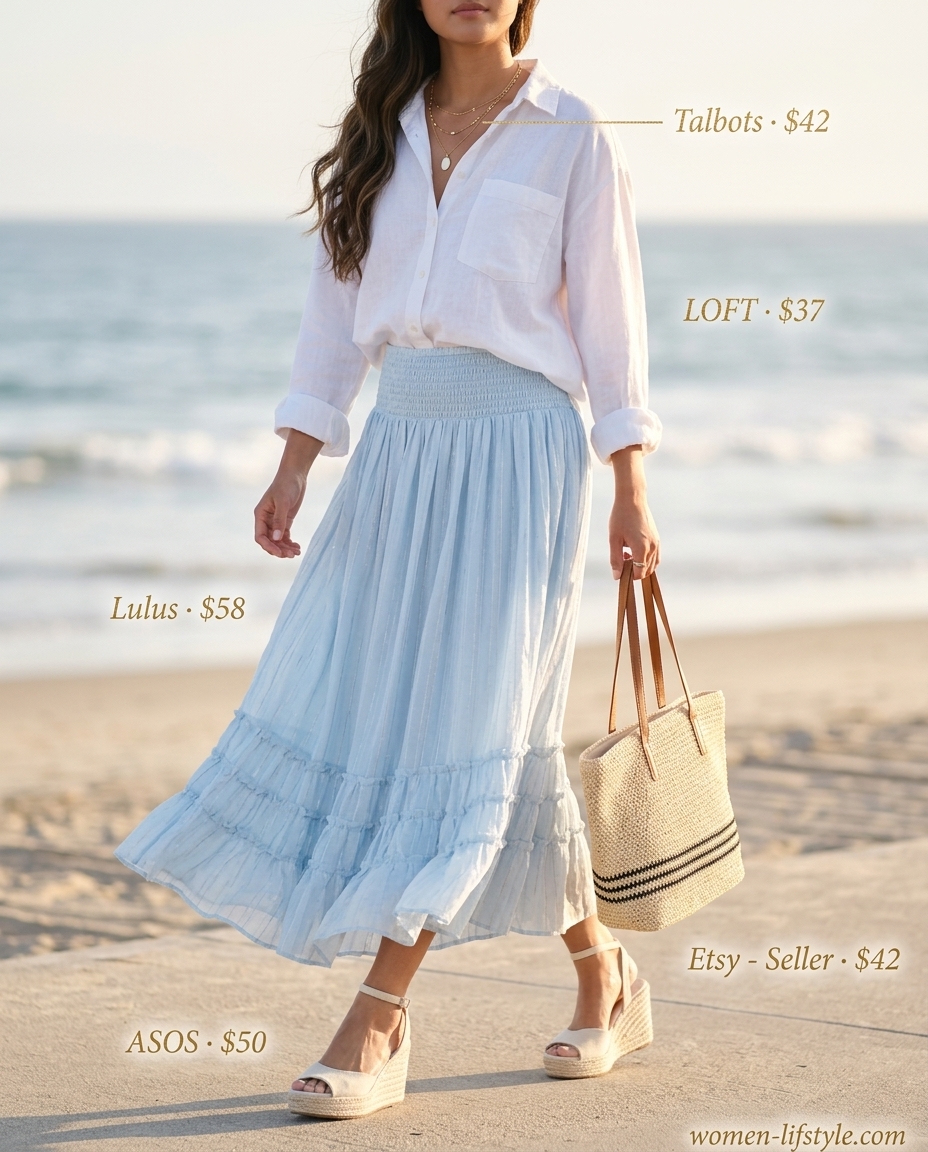 Coastal Breeze Tiered Midi: Pastel blue tiered skirt, white linen shirt, straw tote, espadrilles for beach brunch.