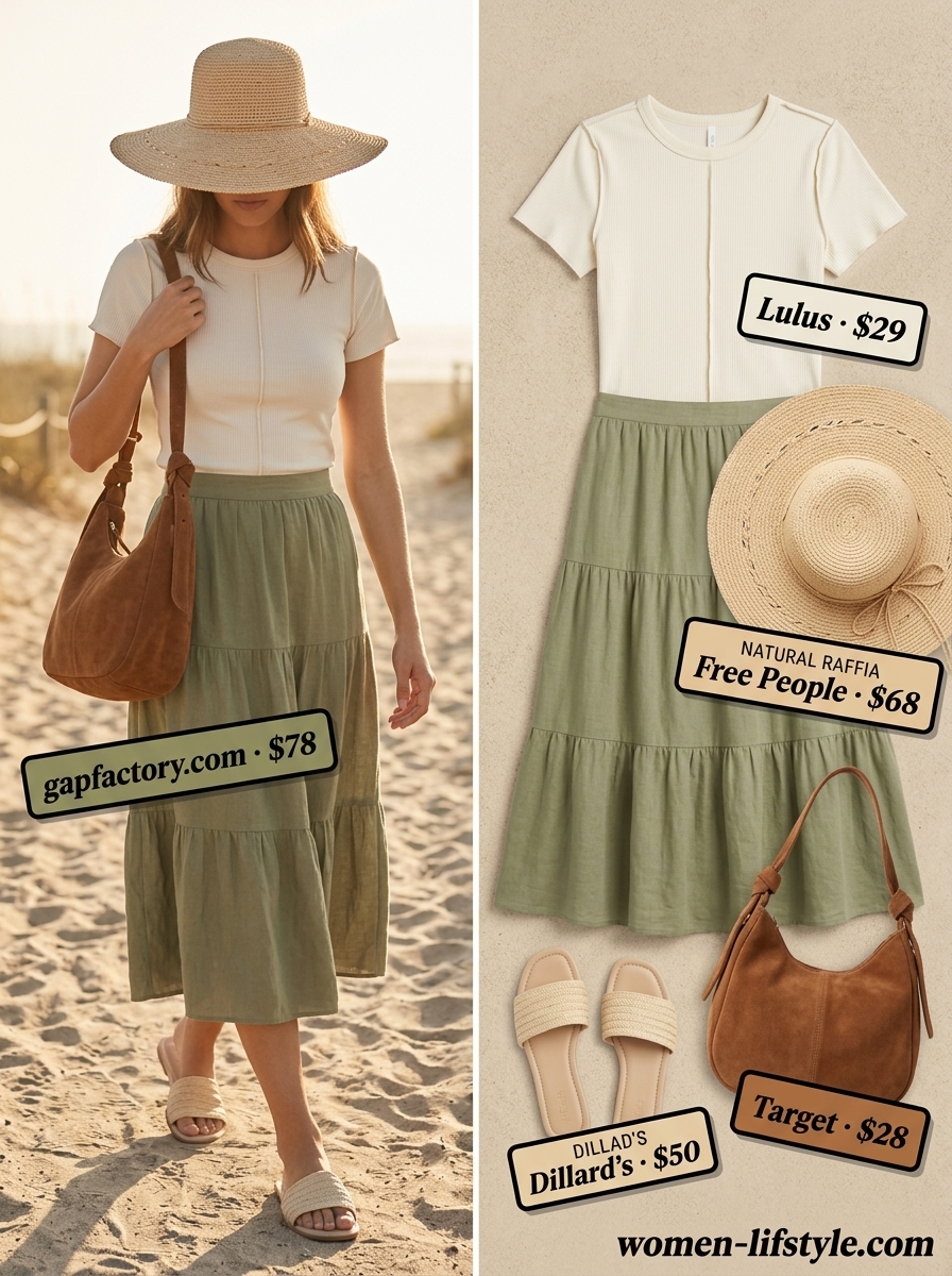 Coastal Summer Tiered Midi: Olive green tiered skirt, cream knit top, raffia sandals, straw hat for beach day.
