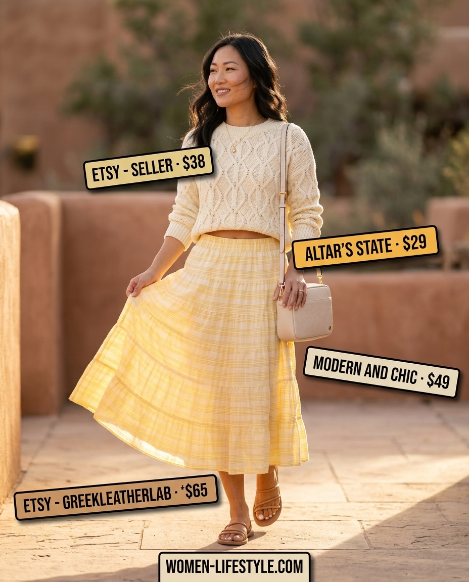 Effortless Summer Tiered Midi: Muted yellow tiered skirt, white ribbed tank, tan sandals for weekend errands.
