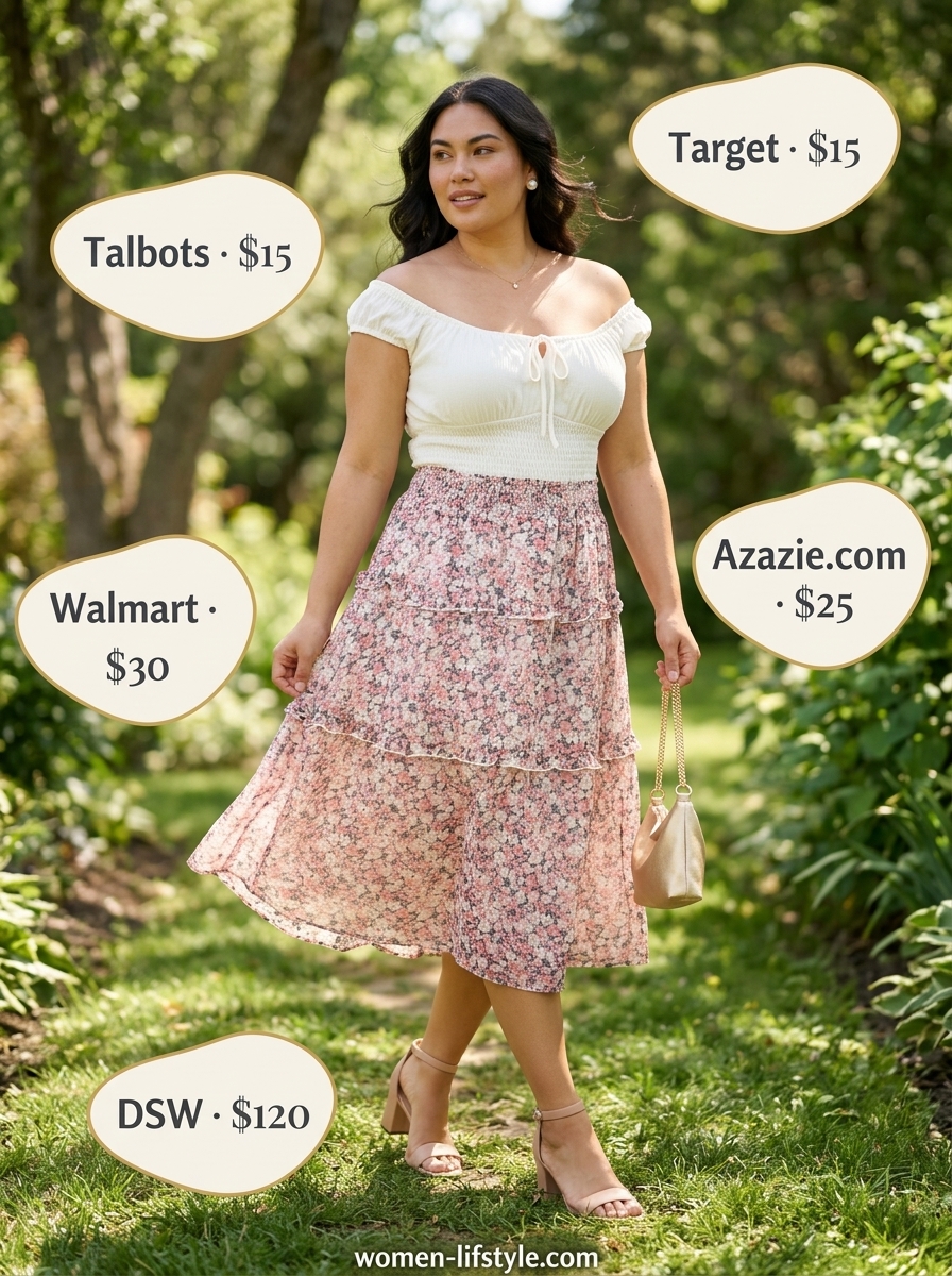 Modern Romantic Tiered Skirt: Blush pink tiered skirt, white off-shoulder blouse, block heels for date night.