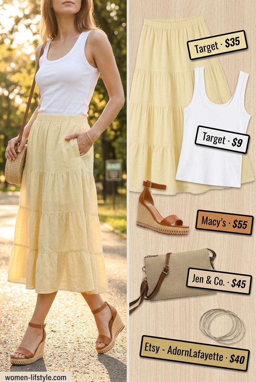 Sunset Tiered Midi: Coral tiered skirt, white tank, espadrilles, gold bangles for summer evening out.