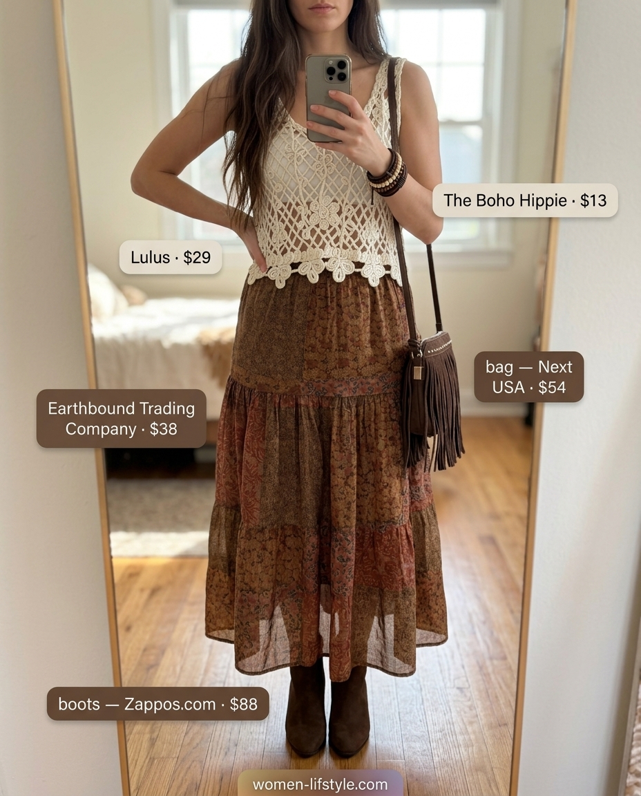 Boho earthy tiered maxi skirt outfit for women 2026: Festival style, crochet top, fringe bag, suede boots.