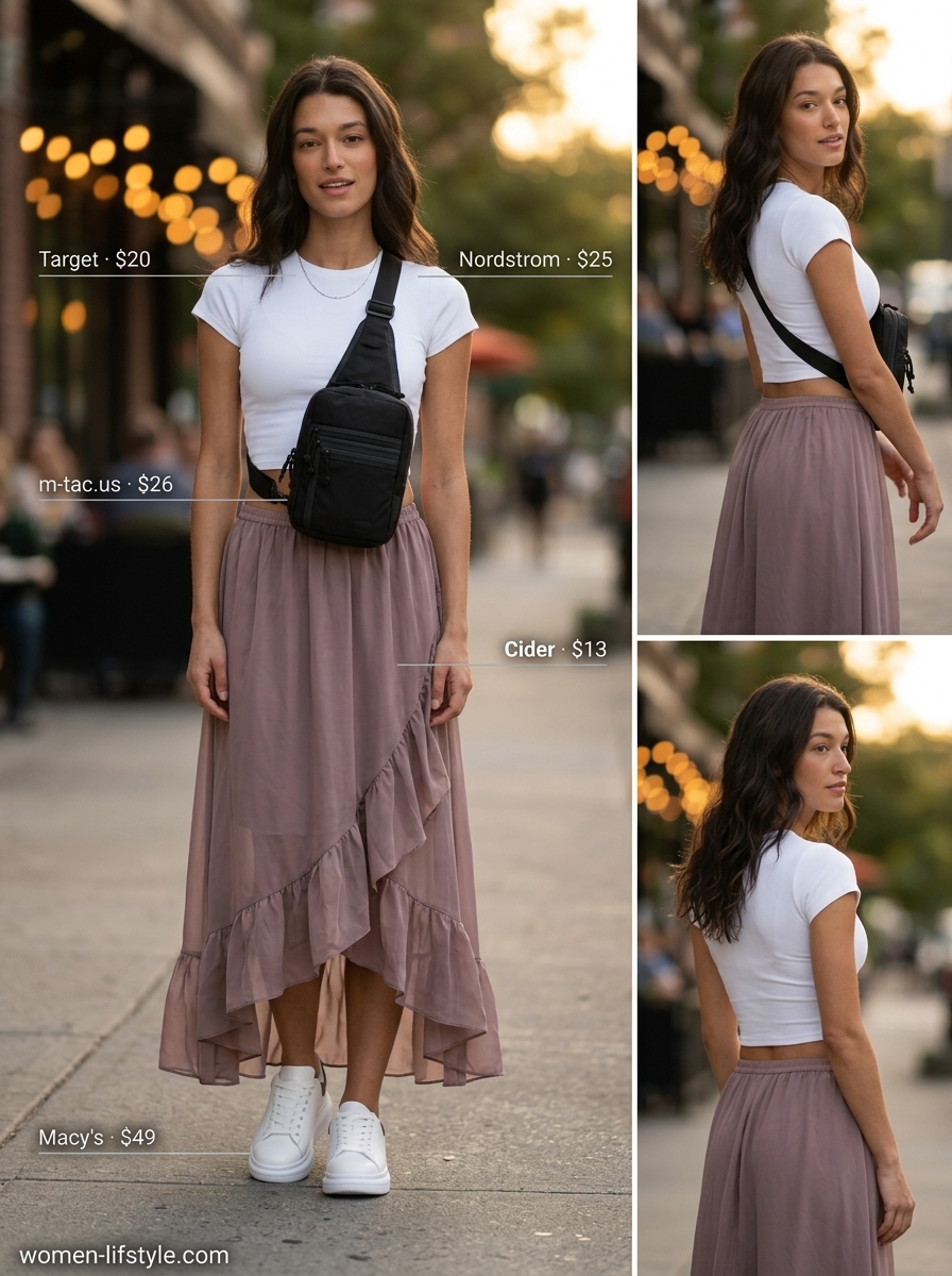 Olive green cargo pants outfit for women 2026: Casual style, errands, street style with cropped tee & sneakers.