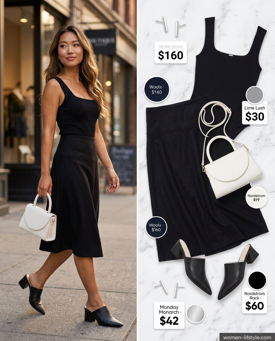 Olive green outfit for women 2026: Alternative to tiered skirt, bodysuit, mules, tote for city exploring.