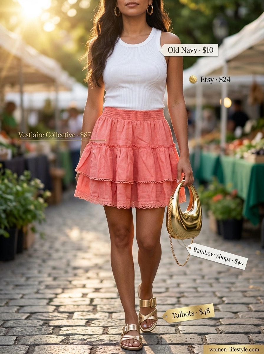 Coral tiered mini skirt outfit for women 2026: Ruffled skirt, white tank, gold sandals & bag for summer evening.