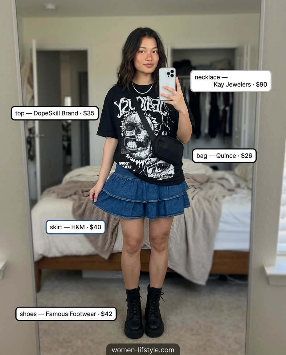 Edgy denim tiered mini skirt outfit for women 2026: Street style, concert look with graphic tee & combat boots.