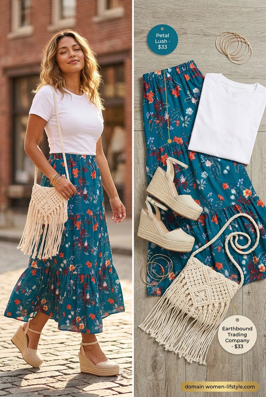 Vibrant coral and teal tiered maxi skirt outfit for women 2026: Boho style, white tee, espadrilles, fringe bag.