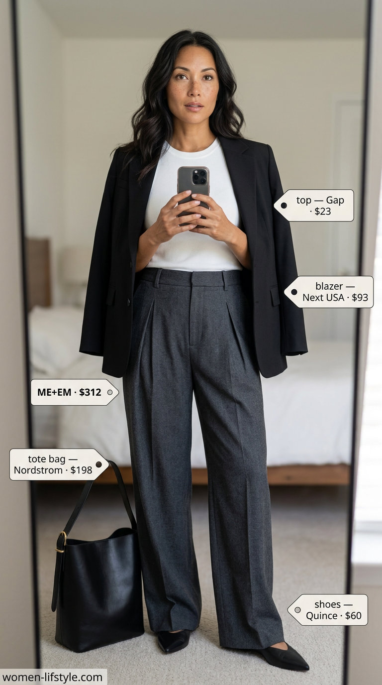 Summer Tote Bag Outfits for Women 2026: Chic charcoal grey trousers with a black leather tote for elevated athleisure.
