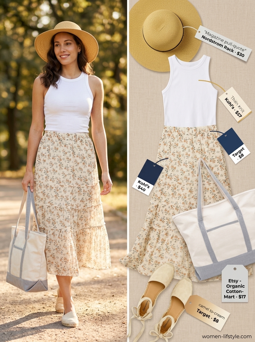 Summer Tote Bag Outfits for Women 2026: Floral maxi skirt with a large canvas beach tote for vibrant resort wear.