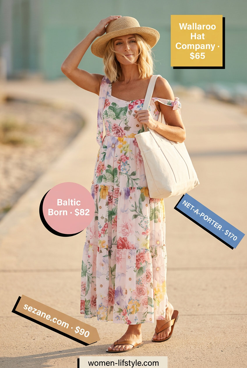 Boho beach summer tote bag outfit for women 2026: floral maxi dress, straw hat, canvas tote, leather sandals.