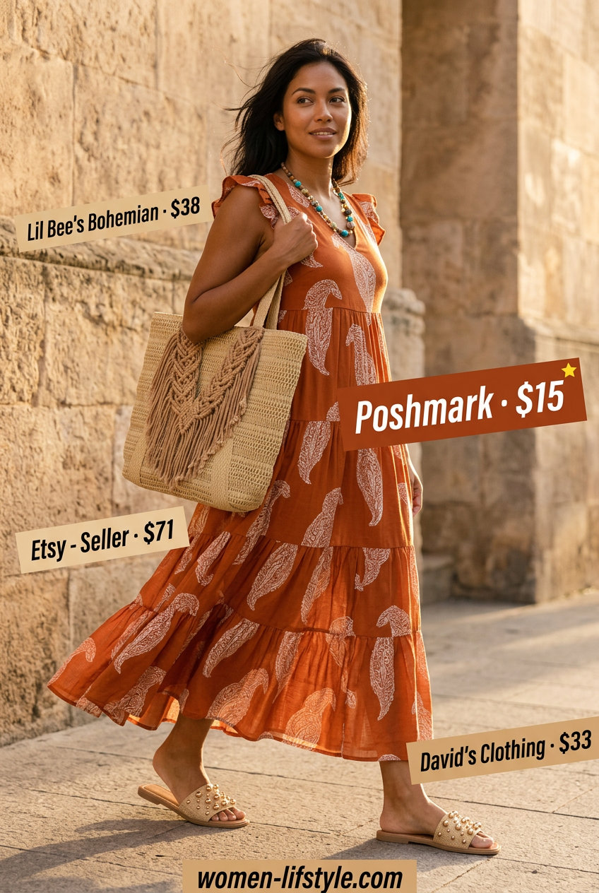 Boho maxi dress with straw tote bag and layered necklaces for summer tote bag outfits for women 2026 vacations.