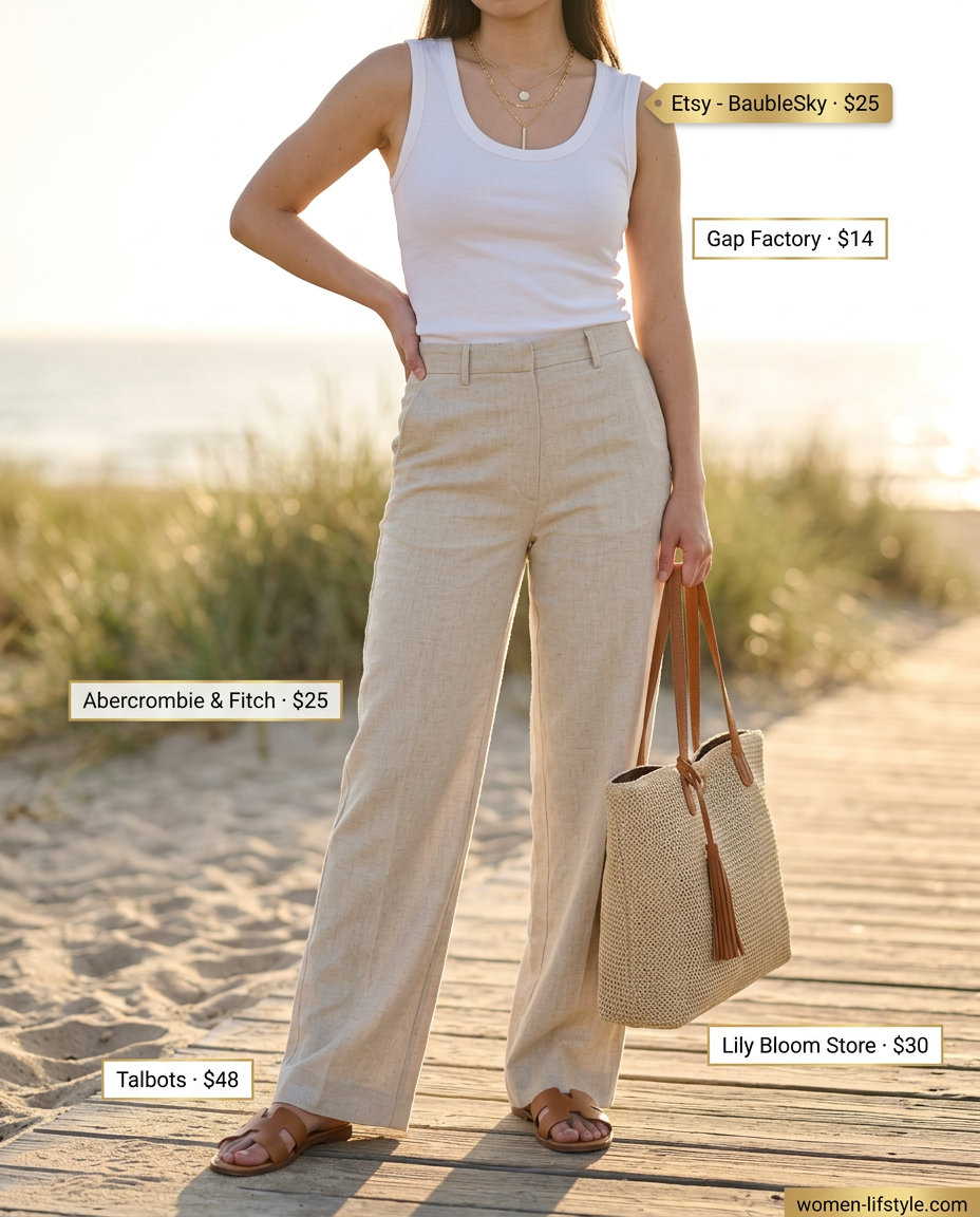 Chic coastal summer tote bag outfit for women 2026: linen pants, white tank, straw tote, slide sandals.