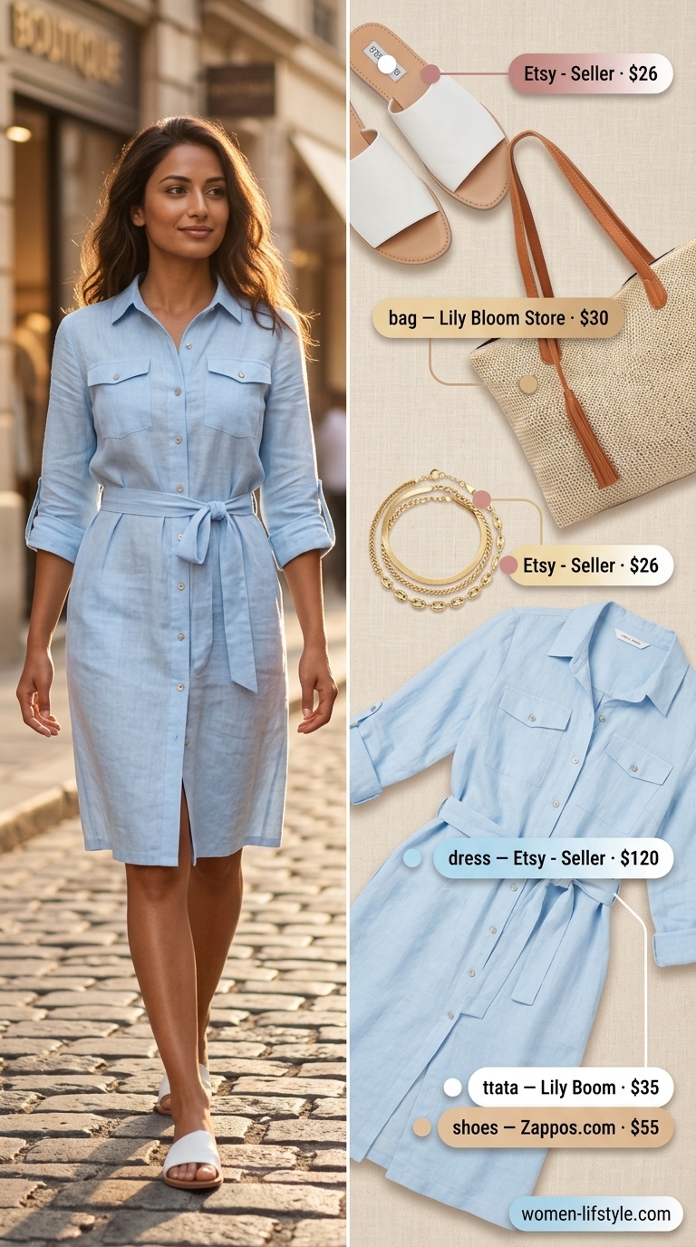 Summer Tote Bag Outfits for Women 2026: Sky blue linen shirt dress with an oversized straw tote for coastal vibes.