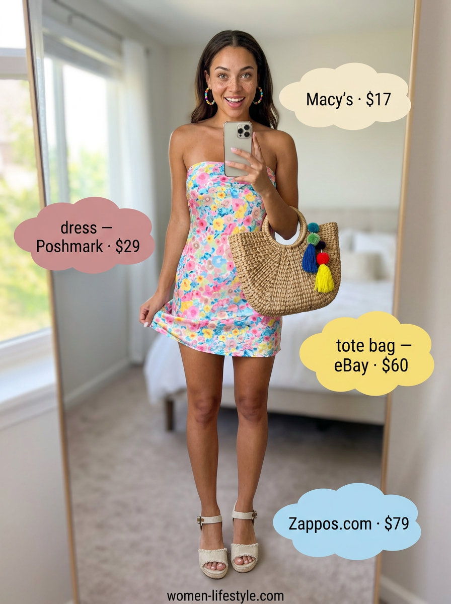 Summer Tote Bag Outfits for Women 2026: Multi-color mini dress with pom-pom tote for a festive summer party.