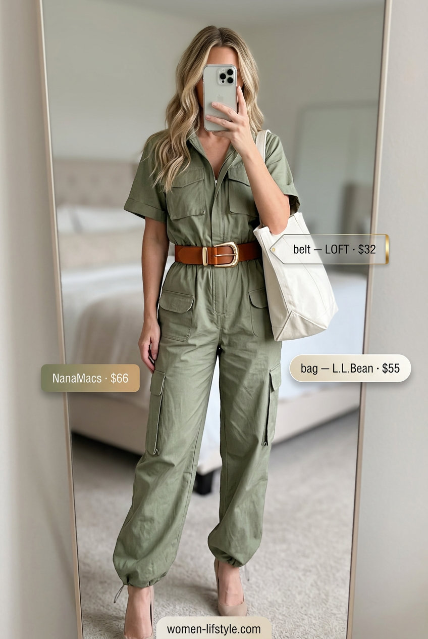 Chic summer tote bag outfit for women 2026: olive green utility jumpsuit, canvas tote, leather loafers, brown belt.