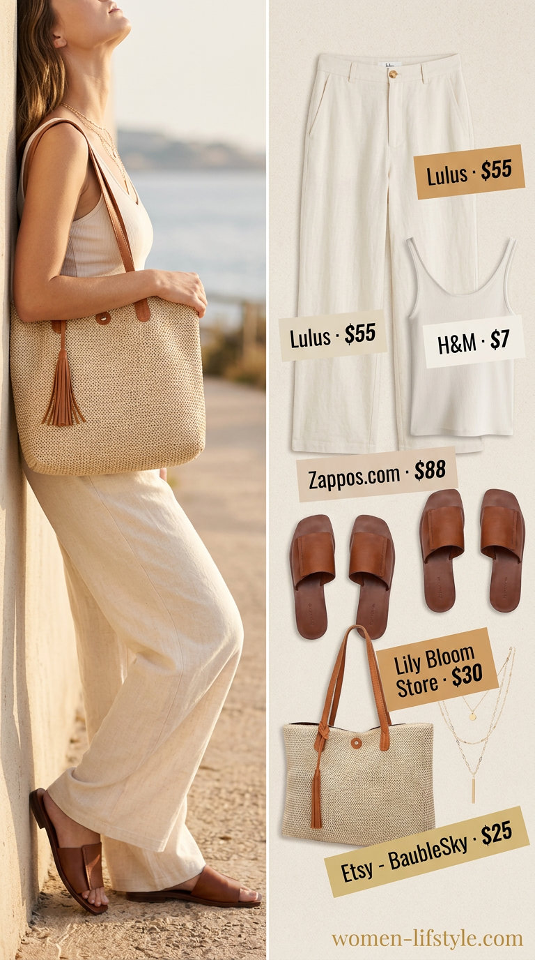 Airy summer tote bag outfit for women 2026: linen pants, ribbed tank, straw tote, layered necklace.