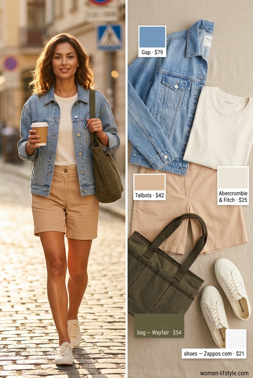 Summer Tote Bag Outfits for Women 2026: Denim jacket and chino shorts with a heavy canvas tote for weekend market style.