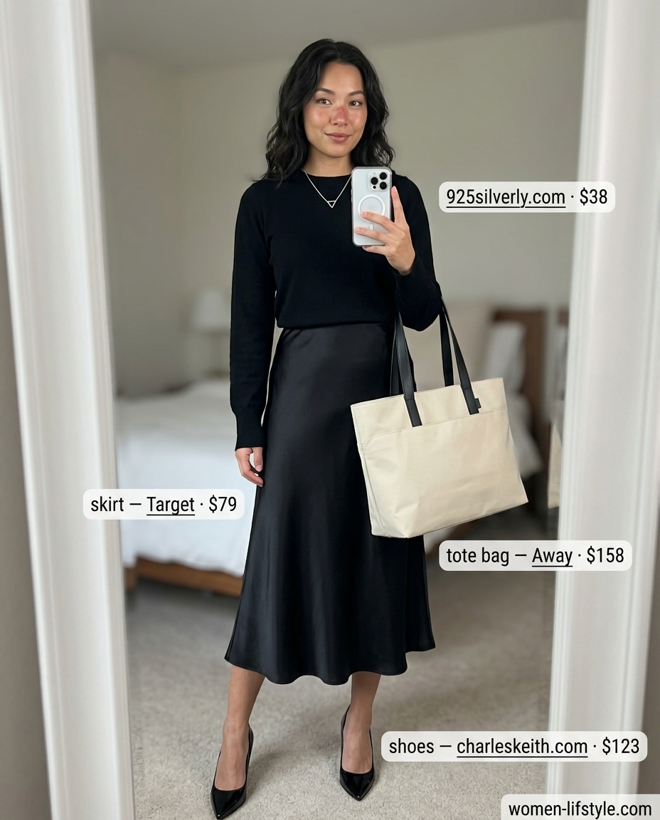 Summer Tote Bag Outfits for Women 2026: Black satin midi skirt with a small leather shoulder bag for modern minimalist style.