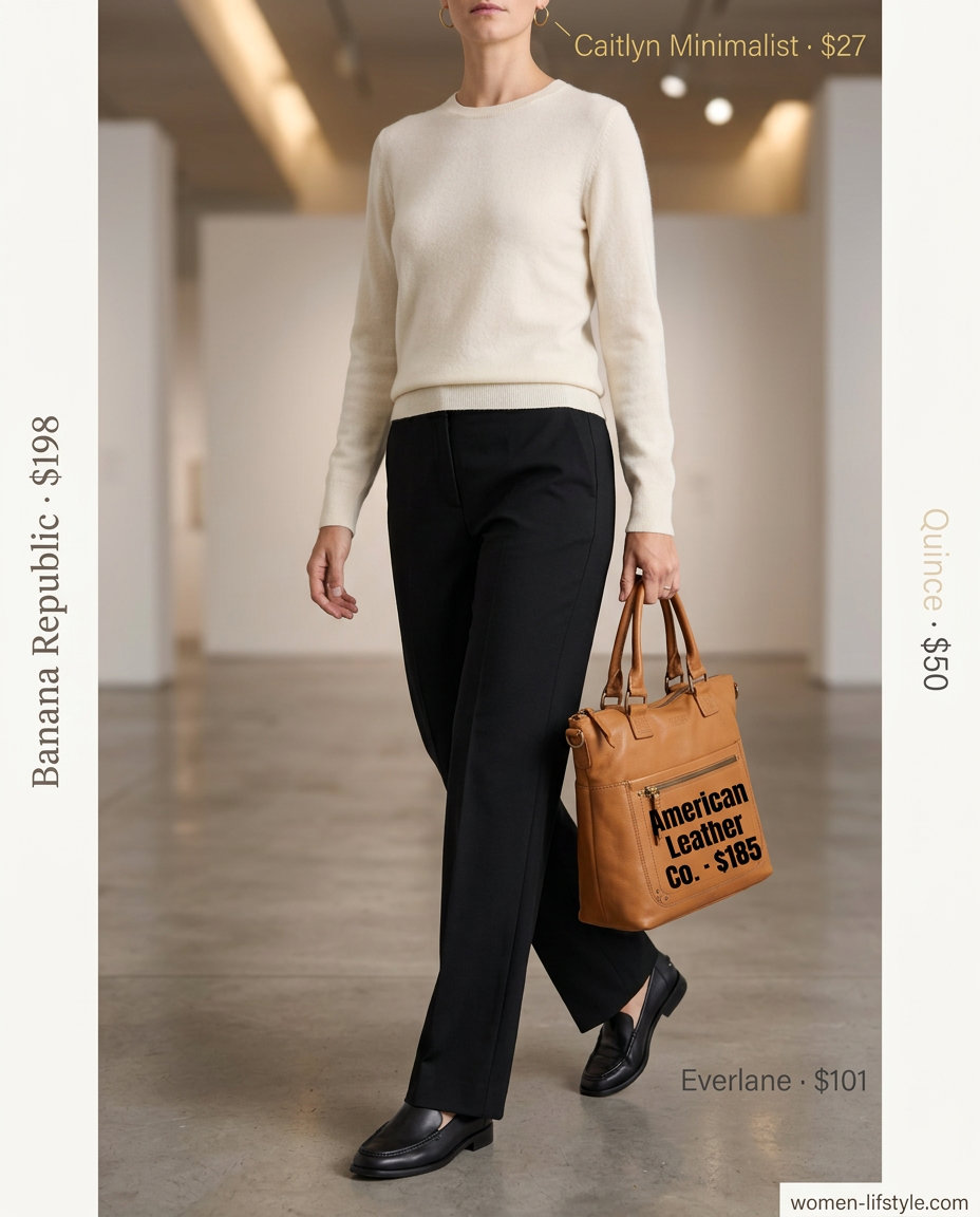 Black trousers, cream sweater, and tan leather tote bag for summer tote bag outfits for women 2026 business casual.
