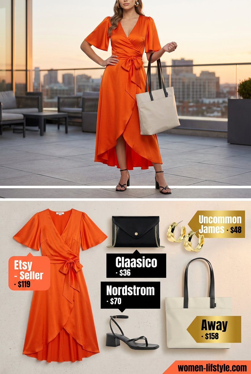 Mango orange maxi dress with gold hoop earrings for summer tote bag outfits for women 2026 evening events.