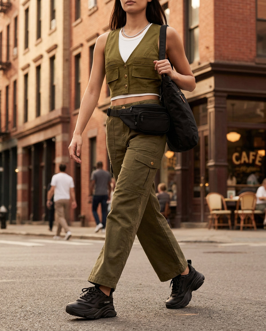 Edgy summer tote bag outfit for women 2026: cargo set, tank top, chunky sneakers, utility belt bag.