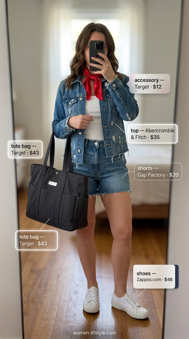 Denim shorts, graphic tee, and canvas tote bag for summer tote bag outfits for women 2026 weekend getaways.