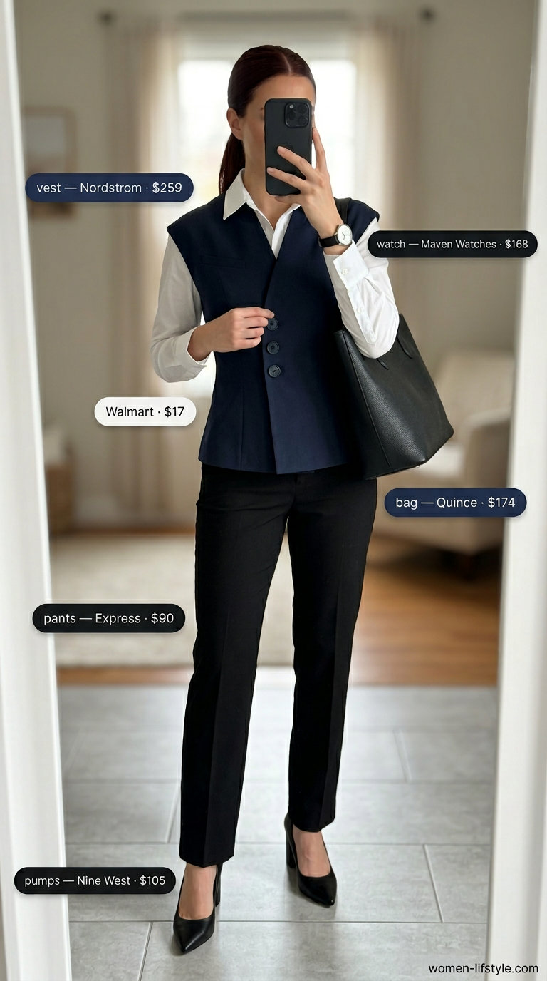 Summer Vest Outfits for Women 2026: Navy tailored vest with white shirt and black trousers for office chic.