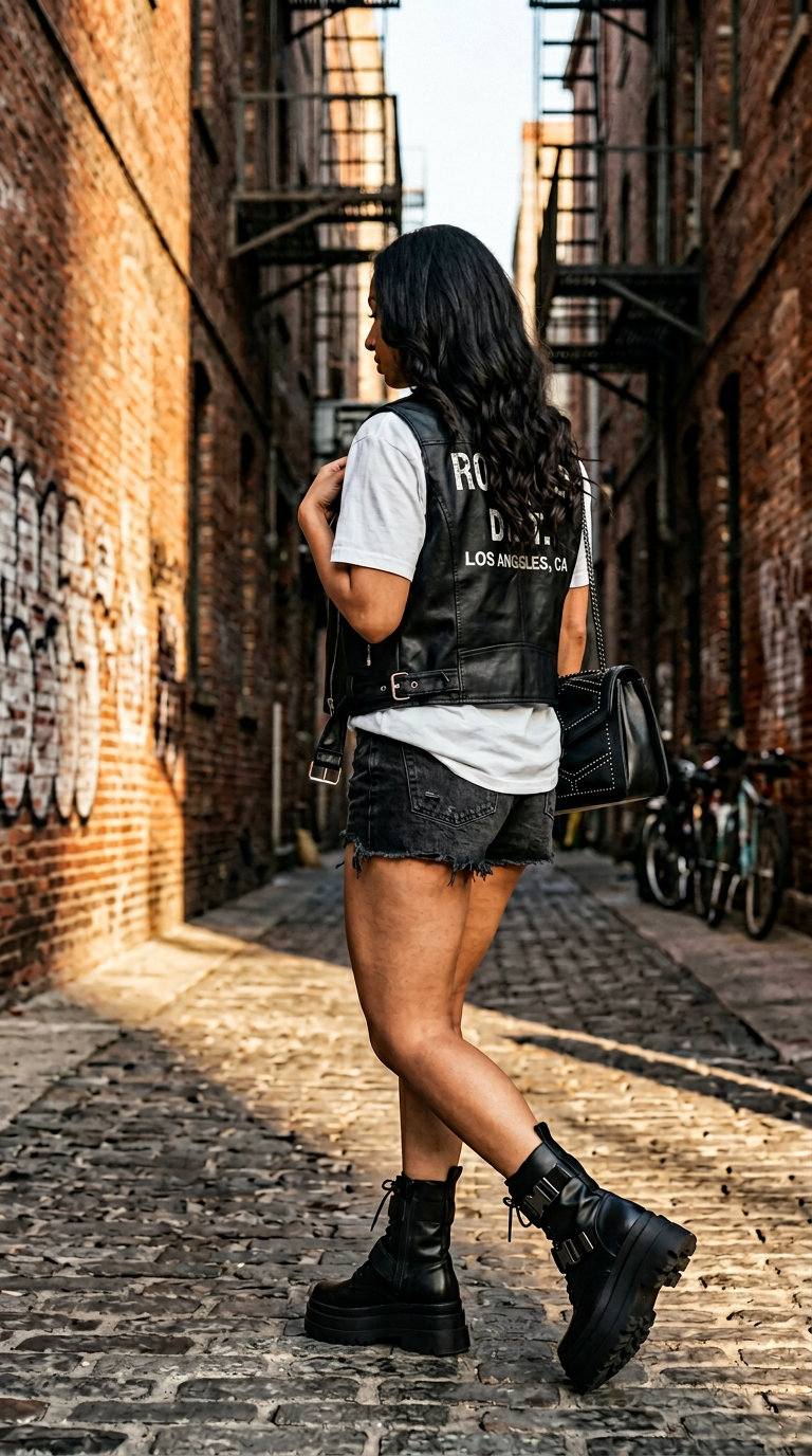 Summer Vest Outfits for Women 2026: Black moto vest with graphic tee and black denim shorts for edgy style.