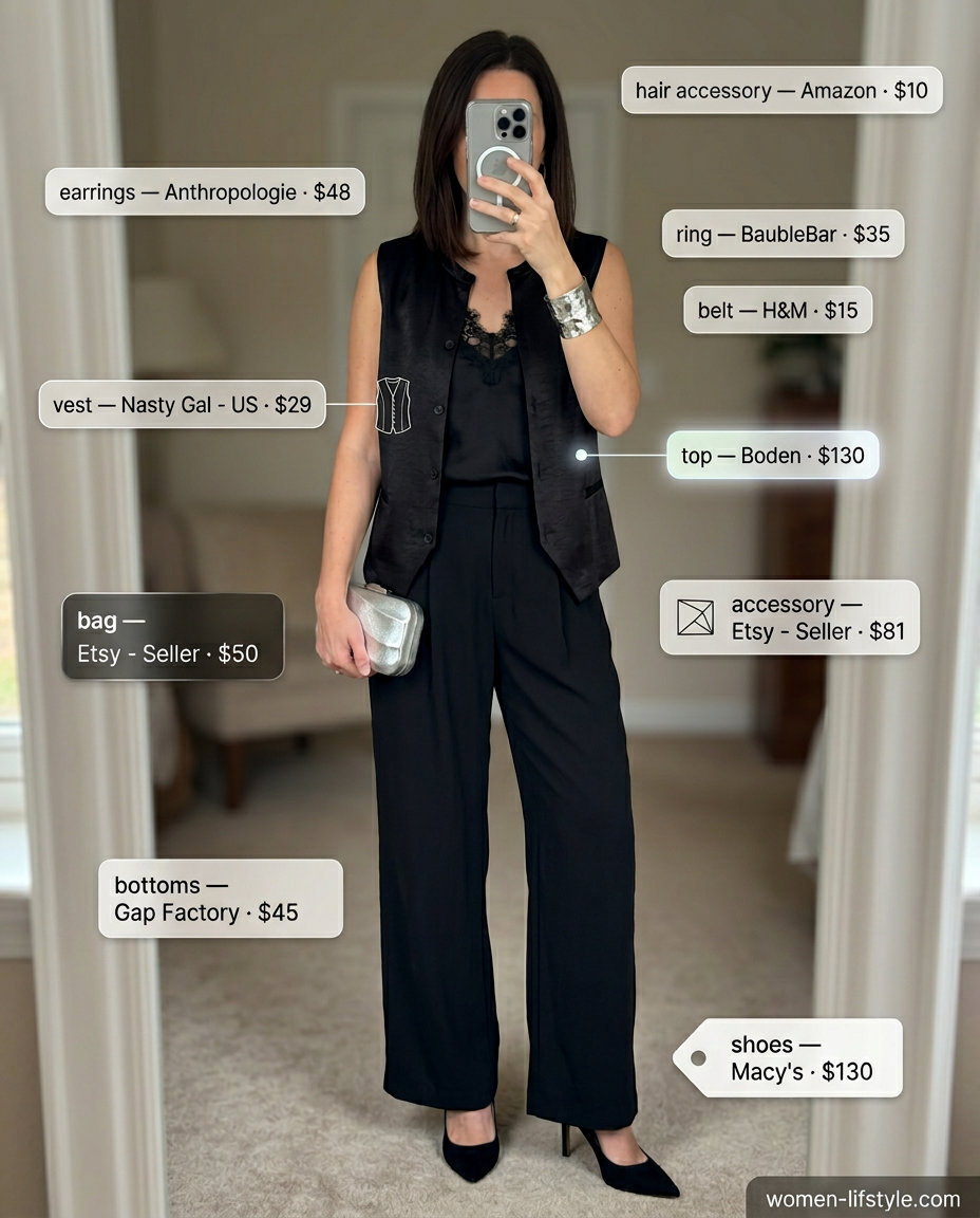 Summer Vest Outfits for Women 2026: Black satin vest over camisole with tailored trousers for evening chic.