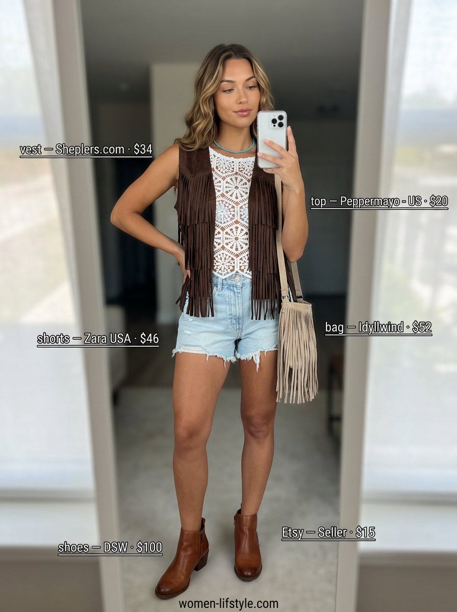 Summer Vest Outfits for Women 2026: Tan fringe vest over crochet top with denim shorts for a festival look.