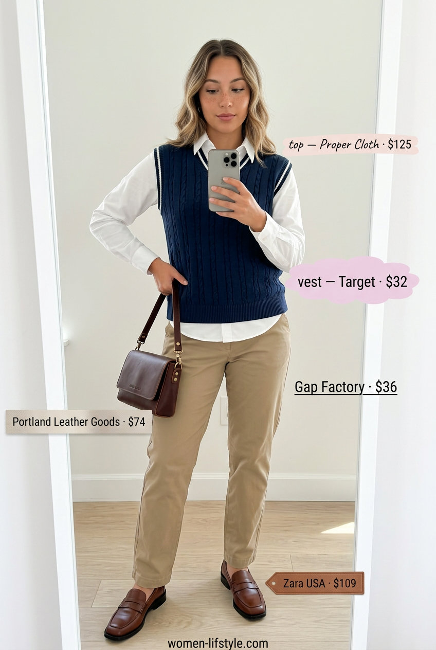 Summer Vest Outfits for Women 2026: Navy cable knit vest with pink Oxford shirt and khaki chinos for preppy style.