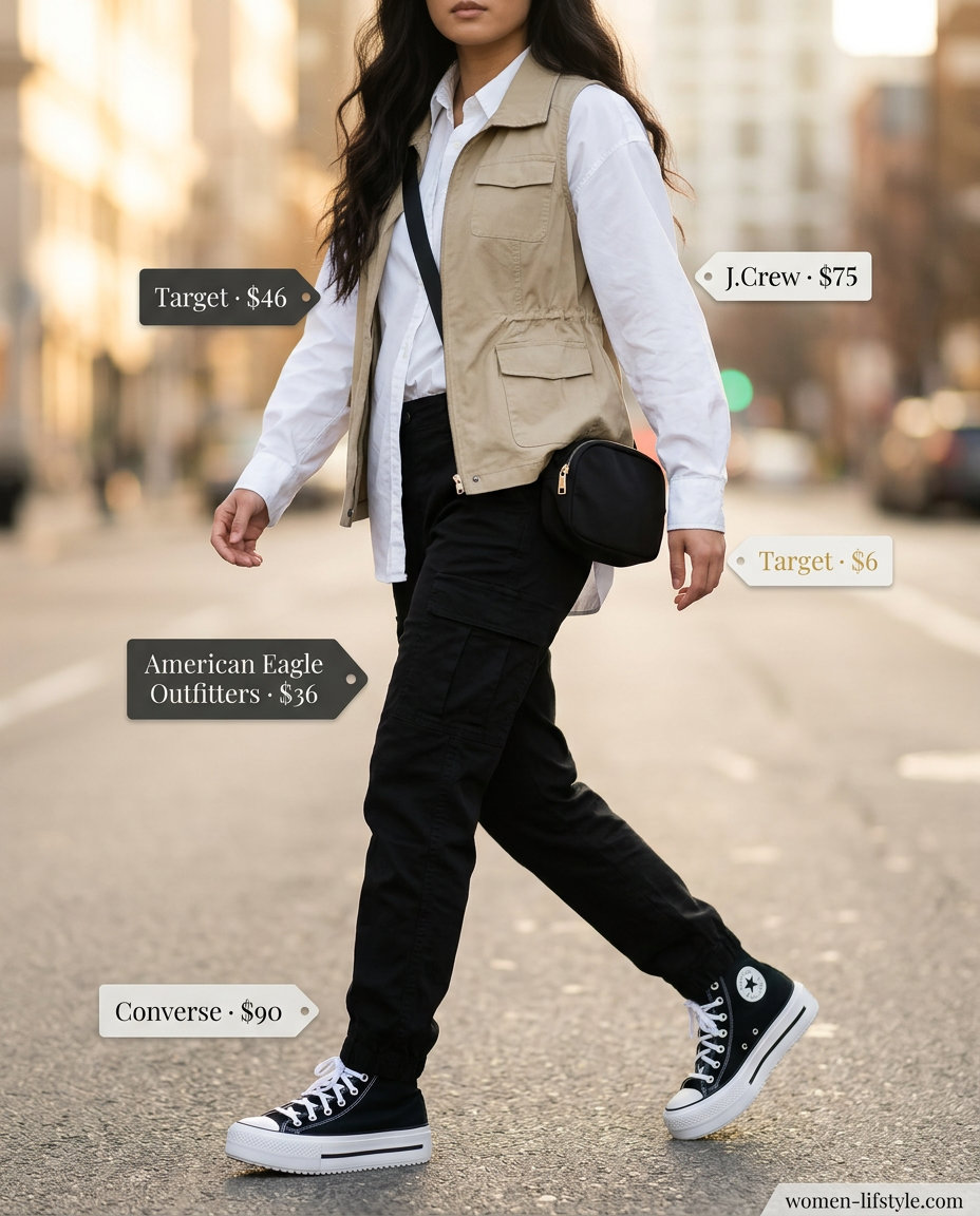 Summer Vest Outfits for Women 2026: Khaki utility vest over white shirt and cargo pants for urban exploration.