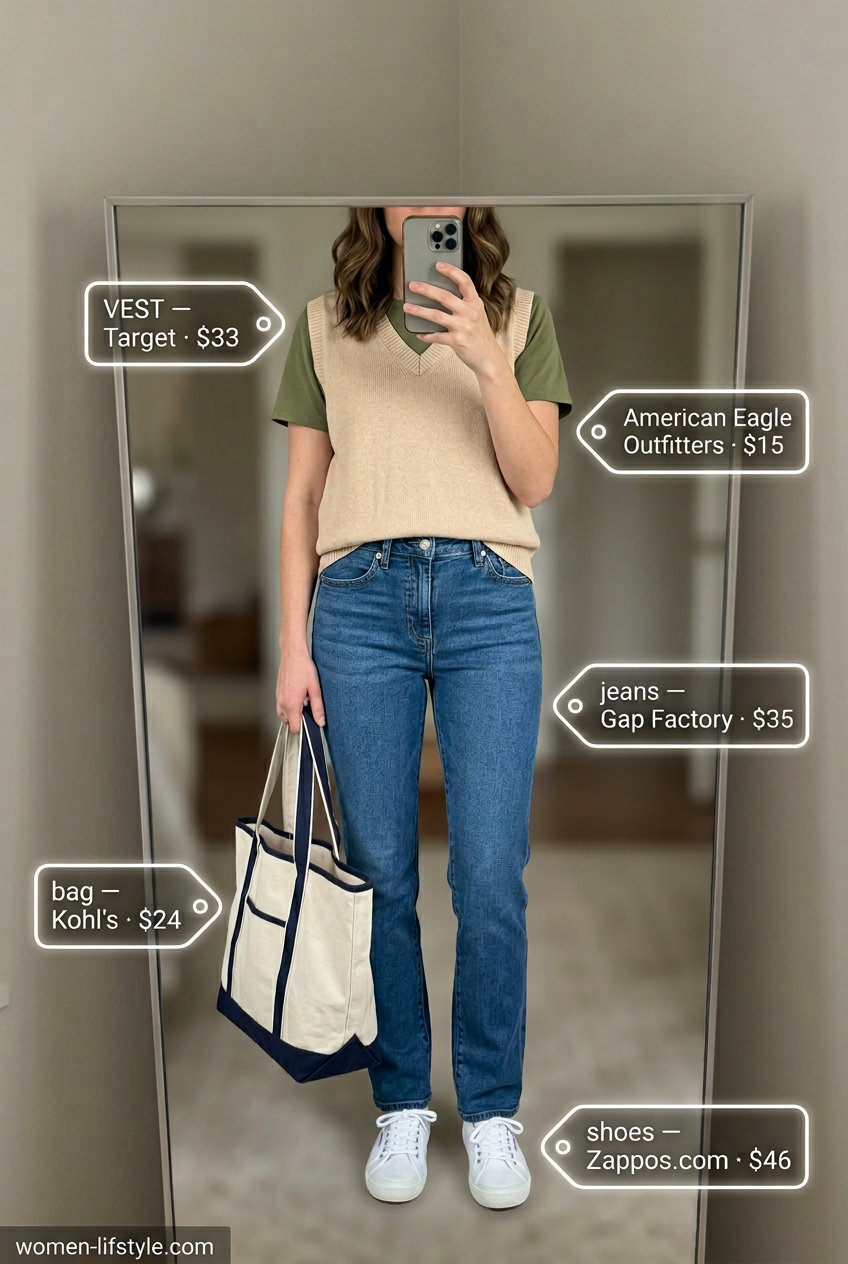 Summer Vest Outfits for Women 2026: Beige knit vest with jeans and t-shirt for a cozy weekend getaway.