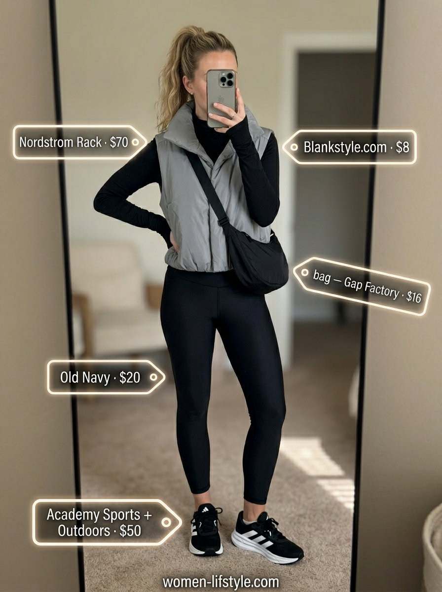 Summer Vest Outfits for Women 2026: Grey puffer vest with black hoodie, leggings, and sneakers for athleisure.