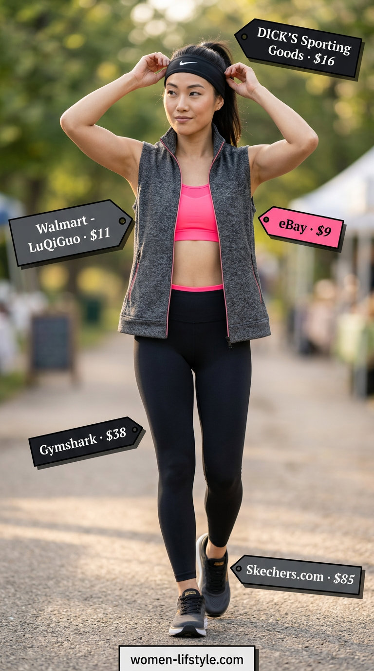 Summer Vest Outfits for Women 2026: Charcoal grey athletic vest with neon pink sports bra and black leggings for gym.
