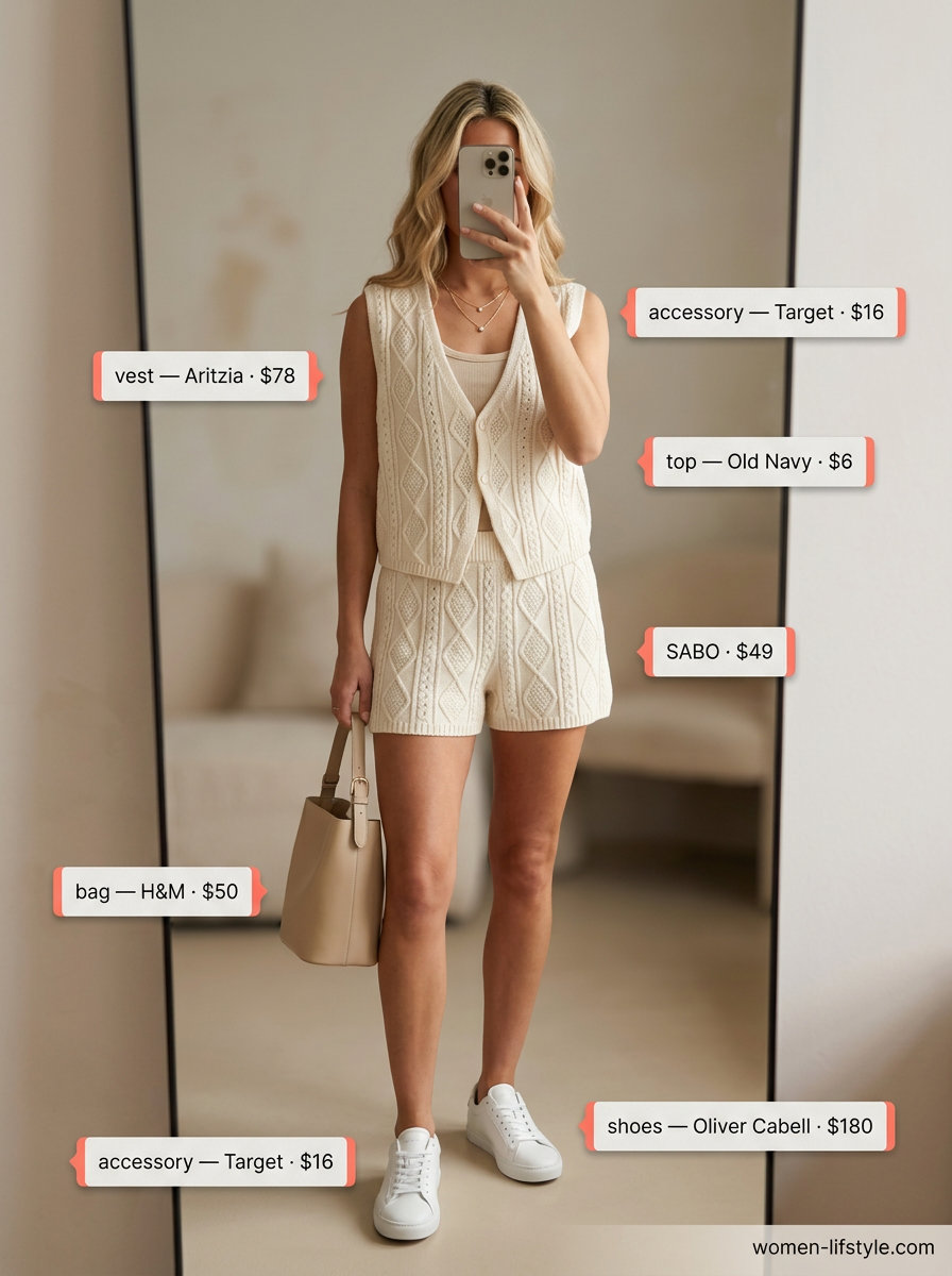 Summer vest outfits for women 2026: Beige knit vest set, shorts, sneakers for weekend brunch.