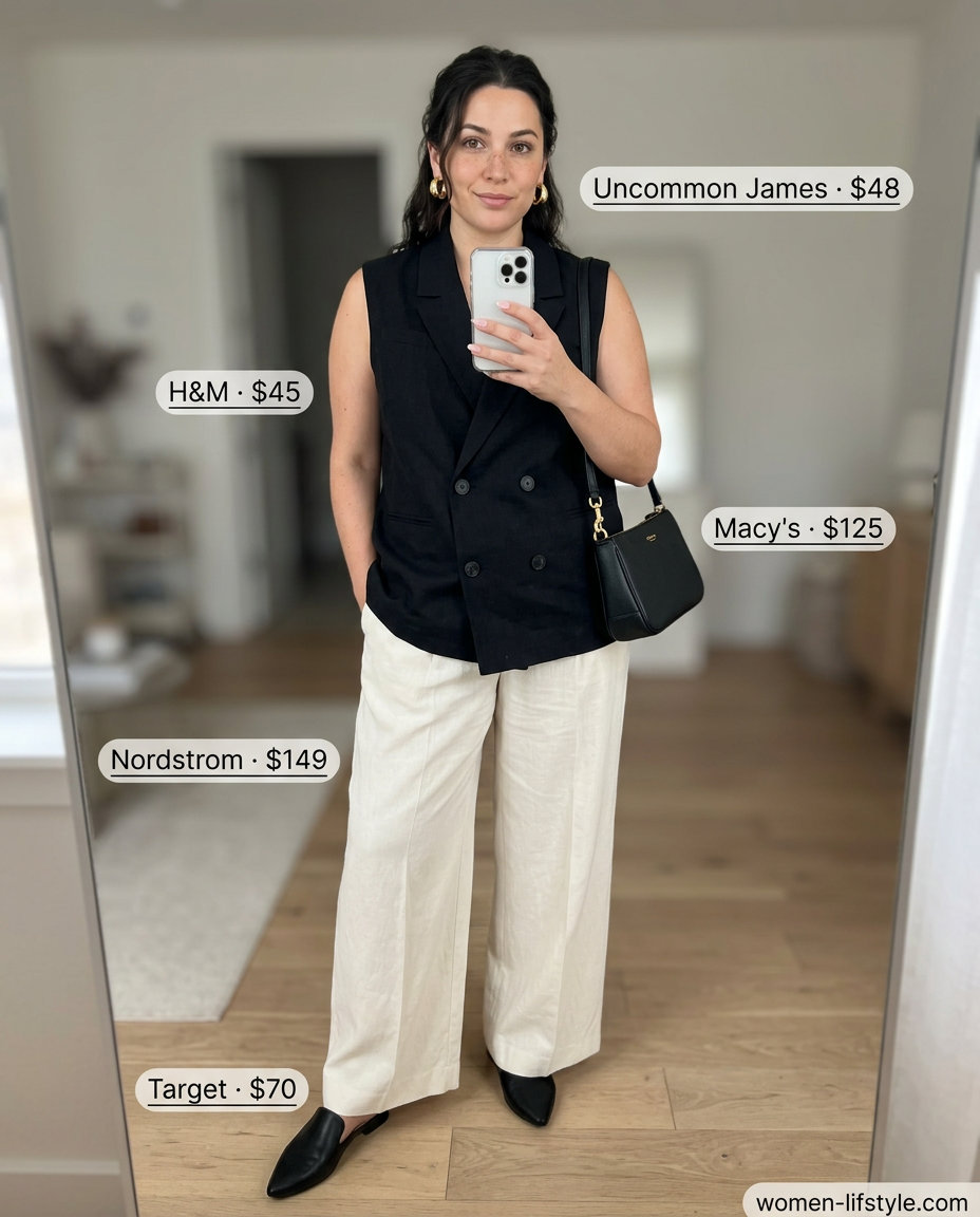 Summer vest outfits for women 2026: Black vest top, cream wide-leg trousers for modern minimalist style.