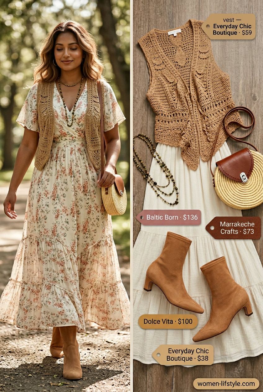 Summer vest outfits for women 2026: Boho maxi dress, suede boots for festival style.