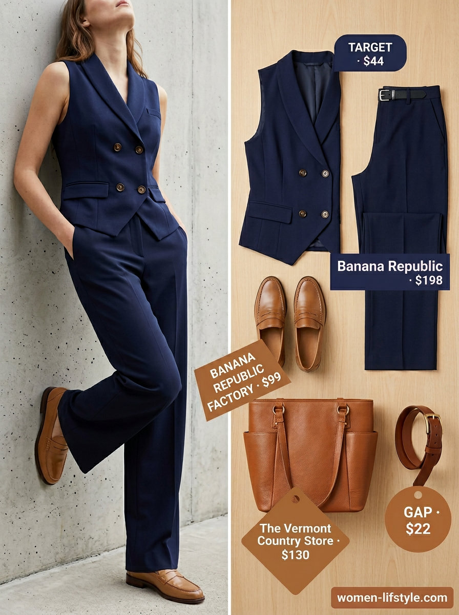 Summer Vest Outfits for Women 2026: Navy vest with white shirt, navy trousers, and tan loafers for business casual.