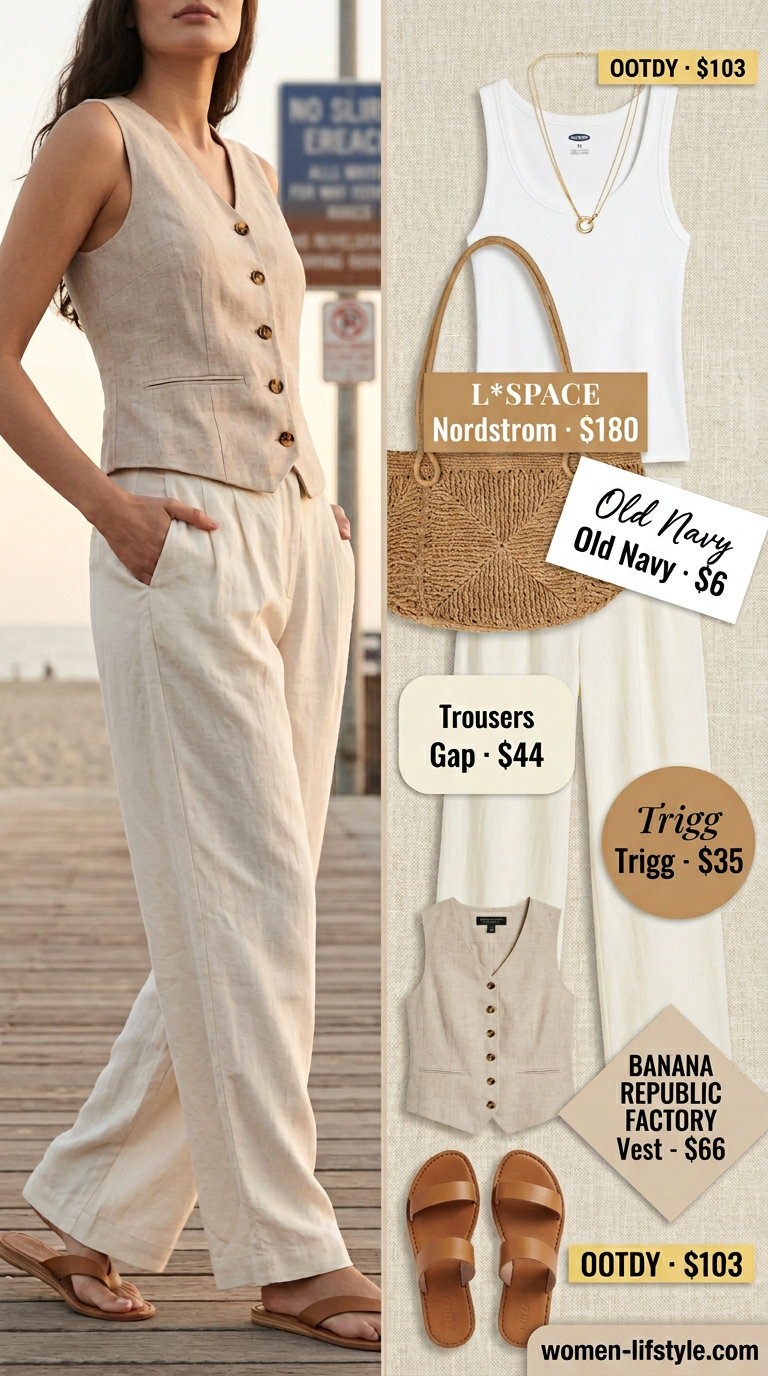 Summer Vest Outfits for Women 2026: Linen vest with wide-leg pants, tank top, and straw tote for coastal vibes.