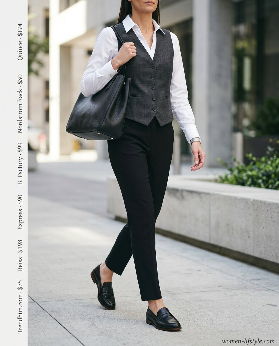 Summer vest outfits for women 2026: Grey vest, white shirt, black trousers for chic city commute.