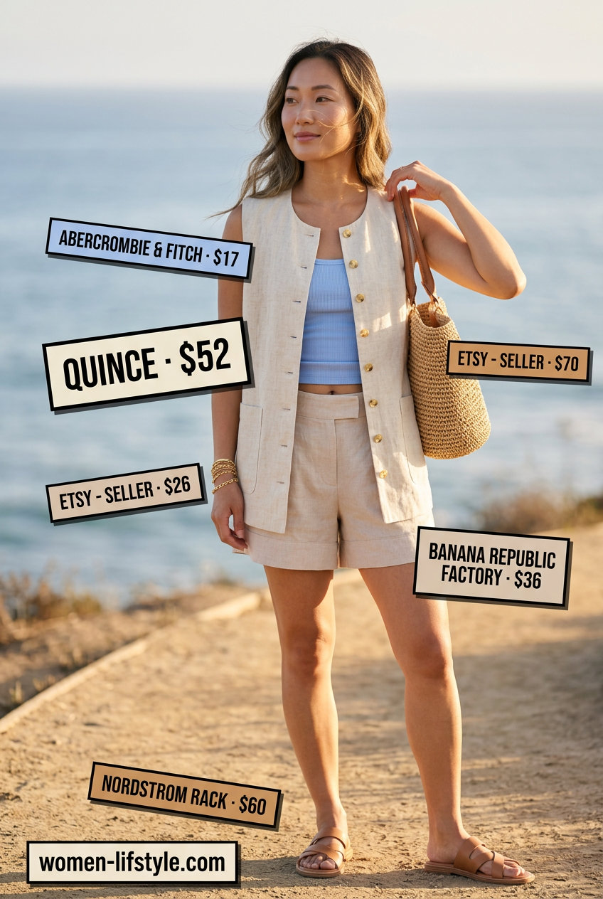 Summer vest outfits for women 2026: Linen utility vest, shorts, tank top for coastal vacation style.