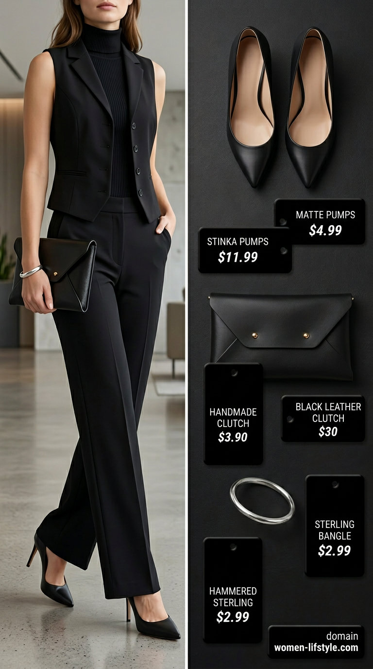 Summer vest outfits for women 2026: Monochromatic black vest, trousers, heels for powerful event style.