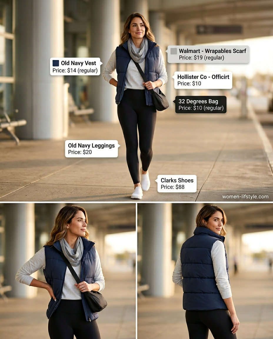 Summer vest outfits for women 2026: Navy puffer vest, grey tee, black leggings for travel & airport style.