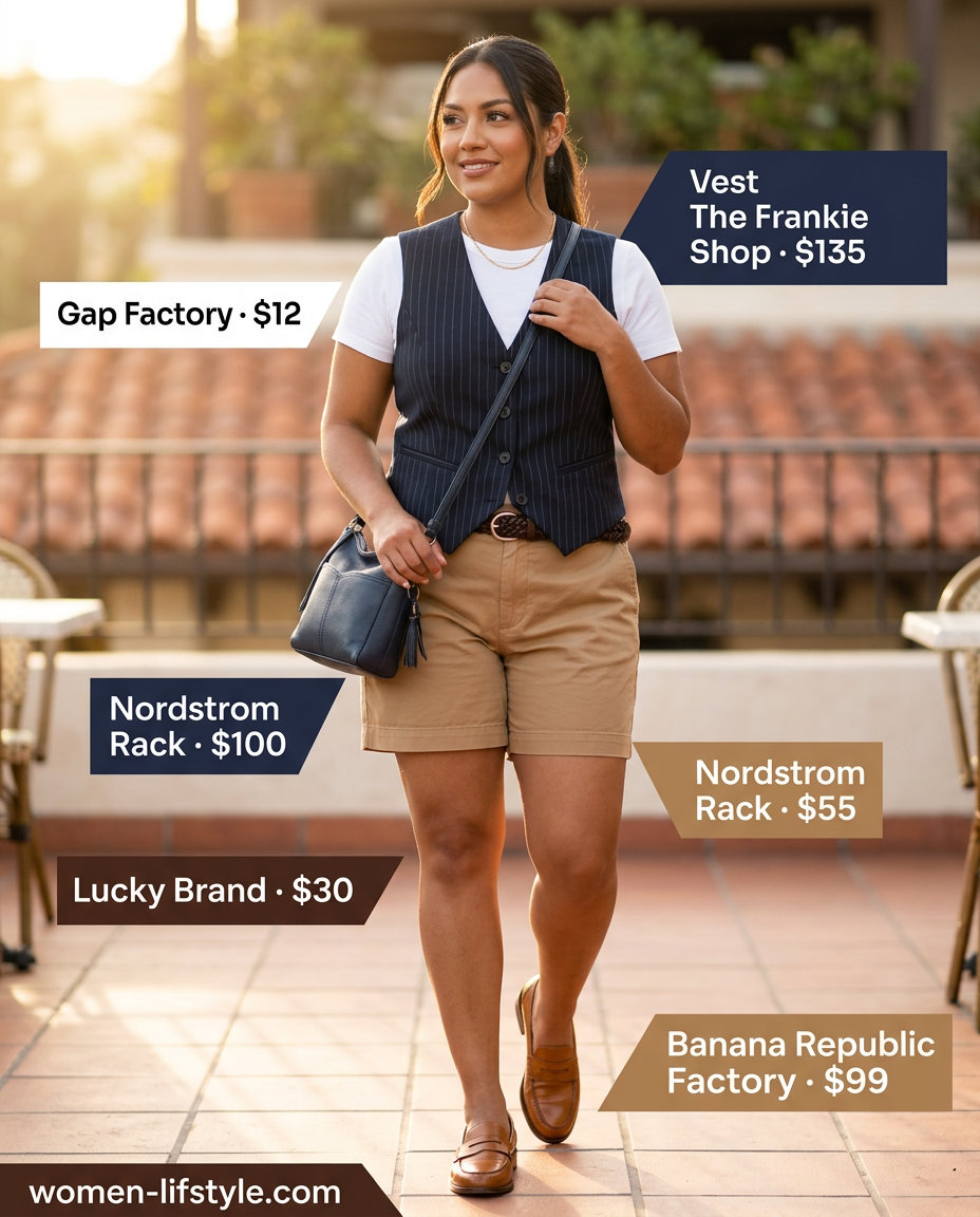 Summer Vest Outfits for Women 2026: Preppy navy pinstripe vest with white tee and tan chino shorts for brunch.