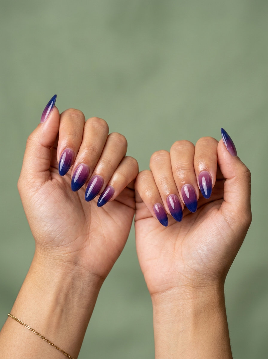 Berry Jelly Ombre Nails 2026: Playful Vacation Style Summer Berry Jelly Ombre nails: Deep blueberry to sheer berry pink jelly finish for playful summer vibes nails 2026.