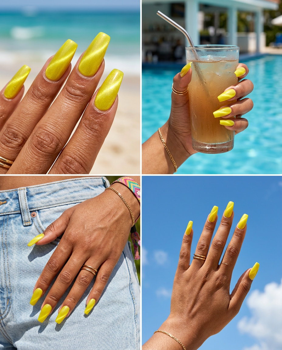 Electric Lemon Yellow Cat-Eye nails: Bold electric yellow with shimmer for edgy summer vibes nails 2026.