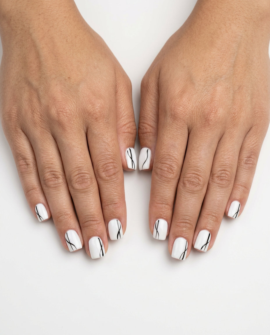 Graphic White Lines Nails 2026 | Minimalist Chic Style Graphic white lines on bright white nails for summer vibes nails 2026. Minimalist & chic.