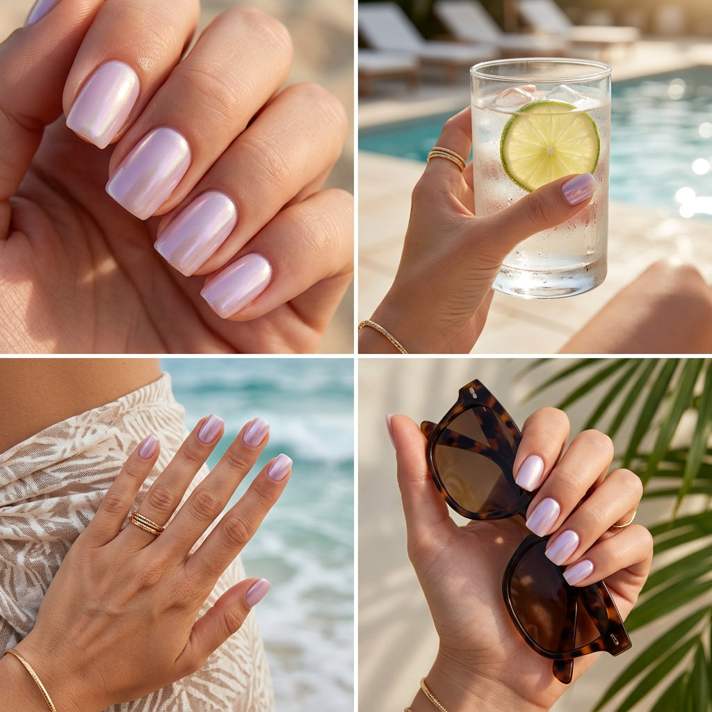 Lavender Glaze Nails 2026: Chic Casual Style Lavender Glaze Squoval nails: Sheer milky lilac with pearlescent white glaze for clean-girl summer vibes nails 2026.