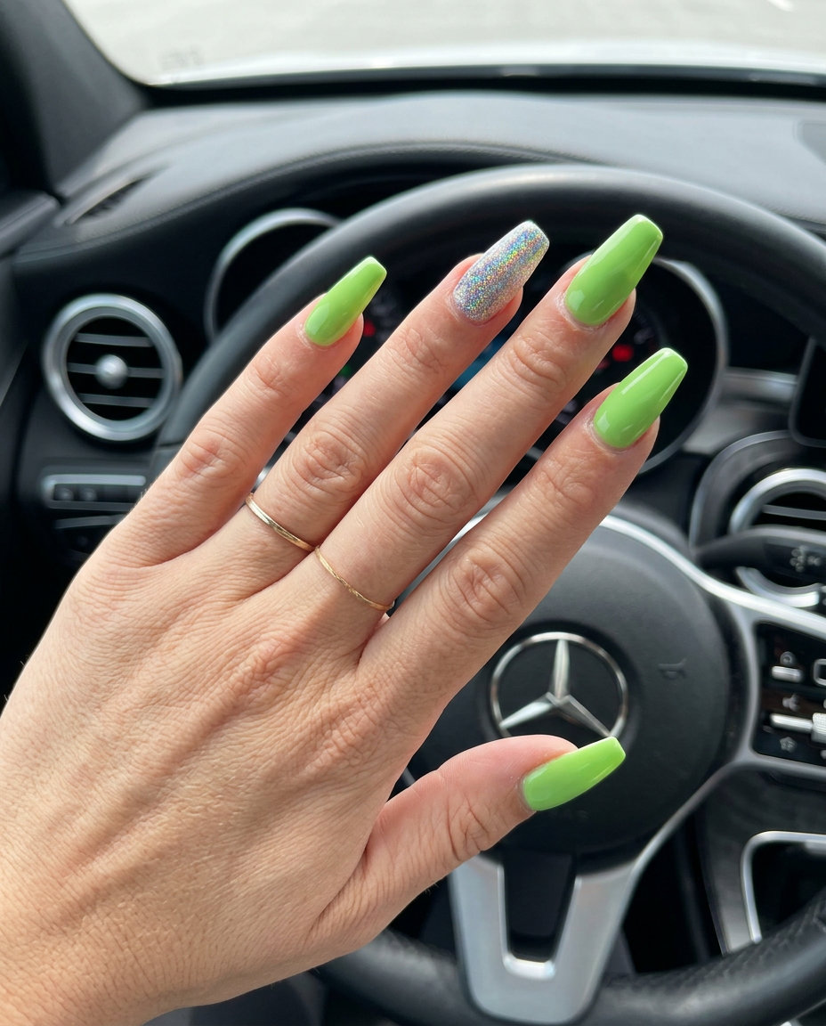 Lime Green Glitter Accent Nails 2026 | Party & Festival Style Lime green glitter accent nails for summer vibes nails 2026. Playful & bold for parties.